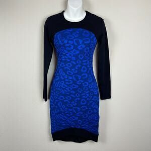 Bebe Bodycon Dress Size S Blue Black Illusion Midi Long Sleeve Y2K Party Lined